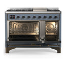 ILVE Majestic III 48-inch Dual Fuel Range with 5 Natural Gas Burner, Griddle and Solid Door Electric Oven in Blue Grey with Burnished Trim (UM48FQNR3BGB)
