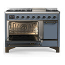 ILVE Majestic III 48-inch Dual Fuel Range with 5 Liquid Propane Burner, Griddle and Solid Door Electric Oven in Blue Grey with Burnished Trim (UM48FQNR3BGBLP)