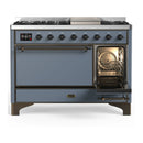 ILVE Majestic III 48-inch Dual Fuel Range with 5 Liquid Propane Burner, Griddle and Solid Door Electric Oven in Blue Grey with Burnished Trim (UM48FQNR3BGBLP)