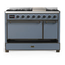 ILVE Majestic III 48-inch Dual Fuel Range with 5 Natural Gas Burner, Griddle and Solid Door Electric Oven in Blue Grey with Burnished Trim (UM48FQNR3BGB)