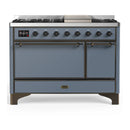 ILVE Majestic III 48-inch Dual Fuel Range with 5 Liquid Propane Burner, Griddle and Solid Door Electric Oven in Blue Grey with Burnished Trim (UM48FQNR3BGBLP)