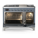 ILVE Majestic III 48-inch Dual Fuel Range with 5 Natural Gas Burner, Griddle and Solid Door Electric Oven in Blue Grey with Chrome Trim (UM48FQNR3BGC)