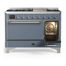 ILVE Majestic III 48-inch Dual Fuel Range with 5 Natural Gas Burner, Griddle and Solid Door Electric Oven in Blue Grey with Chrome Trim (UM48FQNR3BGC)
