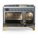 ILVE Majestic III 48-inch Dual Fuel Range with 5 Natural Gas Burner, Griddle and Solid Door Electric Oven in Blue Grey with Brass Trim (UM48FQNR3BGG)