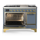 ILVE Majestic III 48-inch Dual Fuel Range with 5 Natural Gas Burner, Griddle and Solid Door Electric Oven in Blue Grey with Brass Trim (UM48FQNR3BGG)