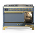 ILVE Majestic III 48-inch Dual Fuel Range with 5 Natural Gas Burner, Griddle and Solid Door Electric Oven in Blue Grey with Brass Trim (UM48FQNR3BGG)