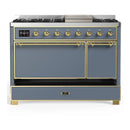 ILVE Majestic III 48-inch Dual Fuel Range with 5 Liquid Propane Burner, Griddle and Solid Door Electric Oven in Blue Grey with Brass Trim (UM48FQNR3BGGLP)