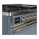 ILVE Majestic III 48-inch Dual Fuel Range with 5 Liquid Propane Burner, Griddle and Solid Door Electric Oven in Blue Grey with Brass Trim (UM48FQNR3BGGLP)