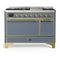 ILVE Majestic III 48-inch Dual Fuel Range with 5 Natural Gas Burner, Griddle and Solid Door Electric Oven in Blue Grey with Brass Trim (UM48FQNR3BGG)