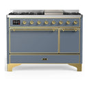 ILVE Majestic III 48-inch Dual Fuel Range with 5 Liquid Propane Burner, Griddle and Solid Door Electric Oven in Blue Grey with Brass Trim (UM48FQNR3BGGLP)