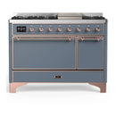 ILVE Majestic III 48-inch Dual Fuel Range with 5 Natural Gas Burner, Griddle and Solid Door Electric Oven in Blue Grey with Copper Trim (UM48FQNR3BGP)