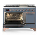 ILVE Majestic III 48-inch Dual Fuel Range with 5 Liquid Propane Burner, Griddle and Solid Door Electric Oven in Blue Grey with Copper Trim (UM48FQNR3BGPLP)
