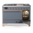 ILVE Majestic III 48-inch Dual Fuel Range with 5 Liquid Propane Burner, Griddle and Solid Door Electric Oven in Blue Grey with Copper Trim (UM48FQNR3BGPLP)