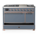 ILVE Majestic III 48-inch Dual Fuel Range with 5 Natural Gas Burner, Griddle and Solid Door Electric Oven in Blue Grey with Copper Trim (UM48FQNR3BGP)