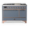 ILVE Majestic III 48-inch Dual Fuel Range with 5 Natural Gas Burner, Griddle and Solid Door Electric Oven in Blue Grey with Copper Trim (UM48FQNR3BGP)