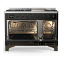 ILVE Majestic III 48-inch Dual Fuel Range with 5 Natural Gas Burner, Griddle and Solid Door Electric Oven in Glossy Black with Burnished Trim (UM48FQNR3BKB)