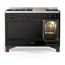 ILVE Majestic III 48-inch Dual Fuel Range with 5 Natural Gas Burner, Griddle and Solid Door Electric Oven in Glossy Black with Burnished Trim (UM48FQNR3BKB)