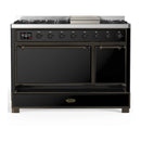 ILVE Majestic III 48-inch Dual Fuel Range with 5 Liquid Propane Burner, Griddle and Solid Door Electric Oven in Glossy Black with Burnished Trim (UM48FQNR3BKBLP)