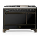ILVE Majestic III 48-inch Dual Fuel Range with 5 Liquid Propane Burner, Griddle and Solid Door Electric Oven in Glossy Black with Burnished Trim (UM48FQNR3BKBLP)
