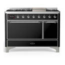 ILVE Majestic III 48-inch Dual Fuel Range with 5 Natural Gas Burner, Griddle and Solid Door Electric Oven in Glossy Black with Chrome Trim (UM48FQNR3BKC)