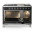 ILVE Majestic III 48-inch Dual Fuel Range with 5 Natural Gas Burner, Griddle and Solid Door Electric Oven in Glossy Black with Chrome Trim (UM48FQNR3BKC)