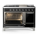 ILVE Majestic III 48-inch Dual Fuel Range with 5 Natural Gas Burner, Griddle and Solid Door Electric Oven in Glossy Black with Chrome Trim (UM48FQNR3BKC)