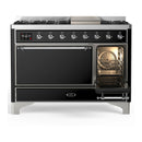 ILVE Majestic III 48-inch Dual Fuel Range with 5 Natural Gas Burner, Griddle and Solid Door Electric Oven in Glossy Black with Chrome Trim (UM48FQNR3BKC)