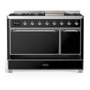 ILVE Majestic III 48-inch Dual Fuel Range with 5 Natural Gas Burner, Griddle and Solid Door Electric Oven in Glossy Black with Chrome Trim (UM48FQNR3BKC)