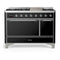 ILVE Majestic III 48-inch Dual Fuel Range with 5 Liquid Propane Burner, Griddle and Solid Door Electric Oven in Glossy Black with Chrome Trim (UM48FQNR3BKCLP)