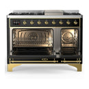 ILVE Majestic III 48-inch Dual Fuel Range with 5 Natural Gas Burner, Griddle and Solid Door Electric Oven in Glossy Black with Brass Trim (UM48FQNR3BKG)