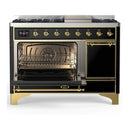 ILVE Majestic III 48-inch Dual Fuel Range with 5 Natural Gas Burner, Griddle and Solid Door Electric Oven in Glossy Black with Brass Trim (UM48FQNR3BKG)