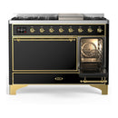 ILVE Majestic III 48-inch Dual Fuel Range with 5 Natural Gas Burner, Griddle and Solid Door Electric Oven in Glossy Black with Brass Trim (UM48FQNR3BKG)