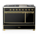 ILVE Majestic III 48-inch Dual Fuel Range with 5 Natural Gas Burner, Griddle and Solid Door Electric Oven in Glossy Black with Brass Trim (UM48FQNR3BKG)