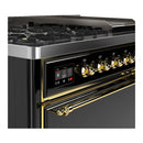 ILVE Majestic III 48-inch Dual Fuel Range with 5 Natural Gas Burner, Griddle and Solid Door Electric Oven in Glossy Black with Brass Trim (UM48FQNR3BKG)