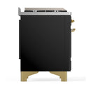ILVE Majestic III 48-inch Dual Fuel Range with 5 Natural Gas Burner, Griddle and Solid Door Electric Oven in Glossy Black with Brass Trim (UM48FQNR3BKG)
