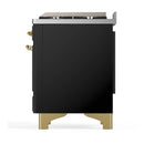 ILVE Majestic III 48-inch Dual Fuel Range with 5 Liquid Propane Burner, Griddle and Solid Door Electric Oven in Glossy Black with Brass Trim (UM48FQNR3BKGLP)