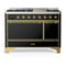 ILVE Majestic III 48-inch Dual Fuel Range with 5 Natural Gas Burner, Griddle and Solid Door Electric Oven in Glossy Black with Brass Trim (UM48FQNR3BKG)