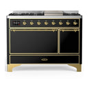 ILVE Majestic III 48-inch Dual Fuel Range with 5 Liquid Propane Burner, Griddle and Solid Door Electric Oven in Glossy Black with Brass Trim (UM48FQNR3BKGLP)