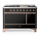 ILVE Majestic III 48-inch Dual Fuel Range with 5 Natural Gas Burner, Griddle and Solid Door Electric Oven in Glossy Black with Copper Trim (UM48FQNR3BKP)