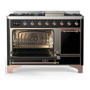 ILVE Majestic III 48-inch Dual Fuel Range with 5 Liquid Propane Burner, Griddle and Solid Door Electric Oven in Glossy Black with Copper Trim (UM48FQNR3BKPLP)