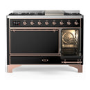 ILVE Majestic III 48-inch Dual Fuel Range with 5 Liquid Propane Burner, Griddle and Solid Door Electric Oven in Glossy Black with Copper Trim (UM48FQNR3BKPLP)