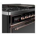 ILVE Majestic III 48-inch Dual Fuel Range with 5 Natural Gas Burner, Griddle and Solid Door Electric Oven in Glossy Black with Copper Trim (UM48FQNR3BKP)