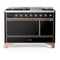 ILVE Majestic III 48-inch Dual Fuel Range with 5 Natural Gas Burner, Griddle and Solid Door Electric Oven in Glossy Black with Copper Trim (UM48FQNR3BKP)