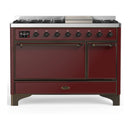 ILVE Majestic III 48-inch Dual Fuel Range with 5 Natural Gas Burner, Griddle and Solid Door Electric Oven in Burgundy with Burnished Trim (UM48FQNR3BUB)