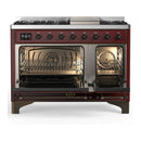 ILVE Majestic III 48-inch Dual Fuel Range with 5 Natural Gas Burner, Griddle and Solid Door Electric Oven in Burgundy with Burnished Trim (UM48FQNR3BUB)