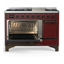 ILVE Majestic III 48-inch Dual Fuel Range with 5 Natural Gas Burner, Griddle and Solid Door Electric Oven in Burgundy with Burnished Trim (UM48FQNR3BUB)
