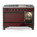 ILVE Majestic III 48-inch Dual Fuel Range with 5 Natural Gas Burner, Griddle and Solid Door Electric Oven in Burgundy with Burnished Trim (UM48FQNR3BUB)