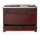 ILVE Majestic III 48-inch Dual Fuel Range with 5 Natural Gas Burner, Griddle and Solid Door Electric Oven in Burgundy with Burnished Trim (UM48FQNR3BUB)