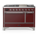 ILVE Majestic III 48-inch Dual Fuel Range with 5 Natural Gas Burner, Griddle and Solid Door Electric Oven in Burgundy with Chrome Trim (UM48FQNR3BUC)