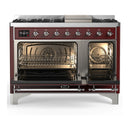 ILVE Majestic III 48-inch Dual Fuel Range with 5 Natural Gas Burner, Griddle and Solid Door Electric Oven in Burgundy with Chrome Trim (UM48FQNR3BUC)